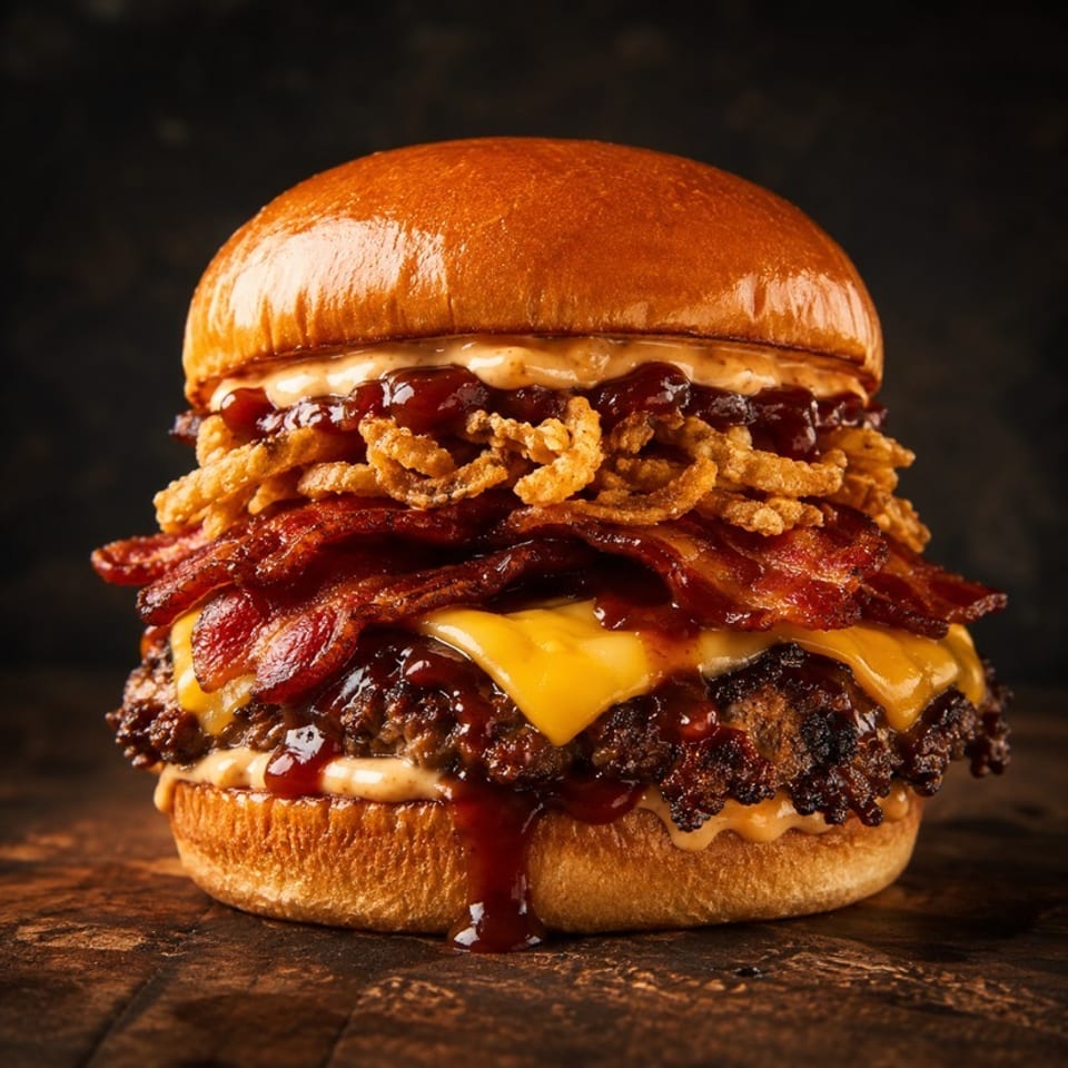 Stacked bacon cheeseburger with barbecue sauce, crispy fried onions, creamy sauce, and a glossy brioche bun.